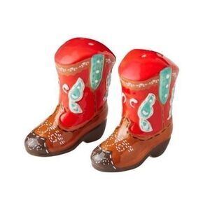 Pioneer Woman Cowboy Boots Salt Pepper Shakers Red Brown Turquoise Stoneware NEW